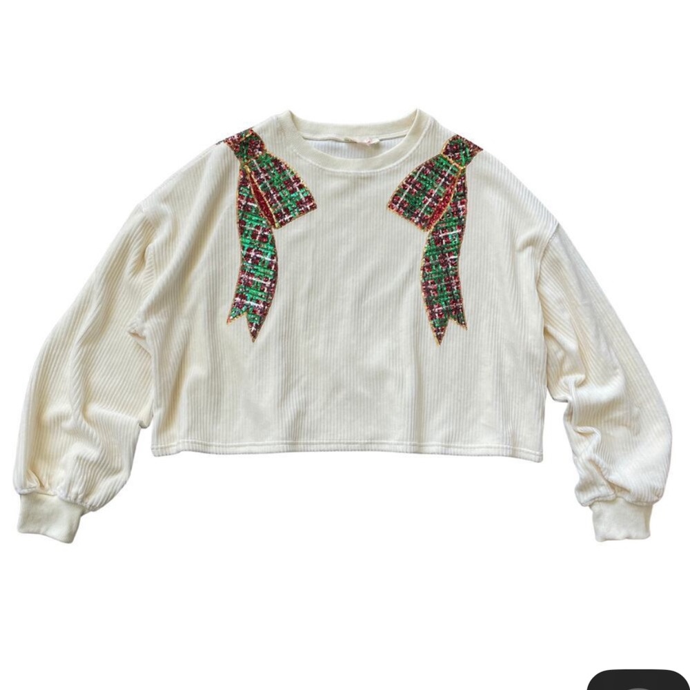 Peach Love California L Sequin Bow Pullover | Holiday Plaid, Cream Ribbed